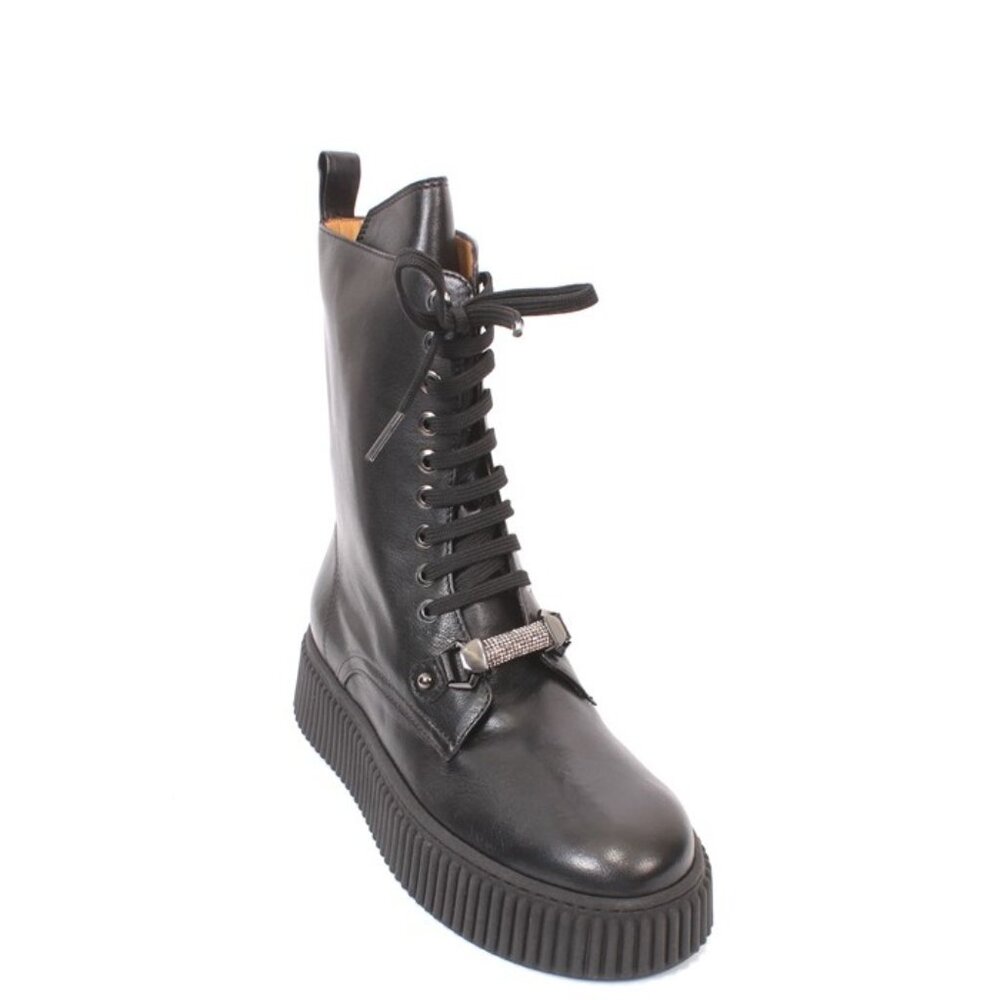 MOT-CLe 2795a Black Leather Zip-Up Lace-Up Wedge Boots